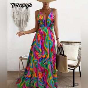 SHEIN Pink Sundress Plunge Neck Sleeveless Resort Wear